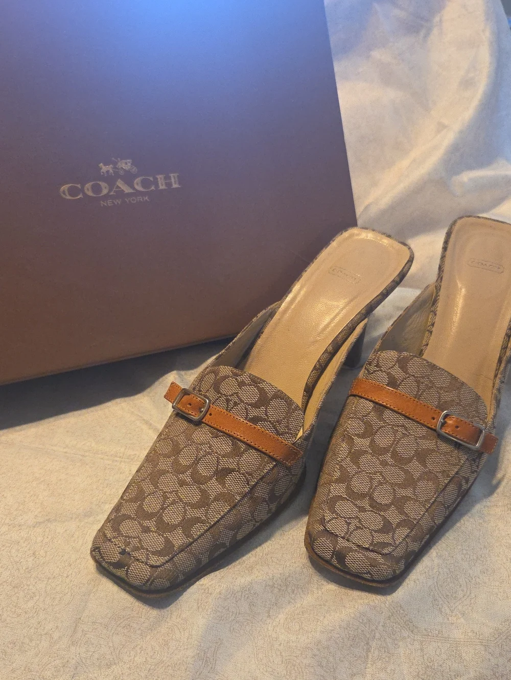 Coach Brown Signature Monogram Slip-On Mules with Tan Strap